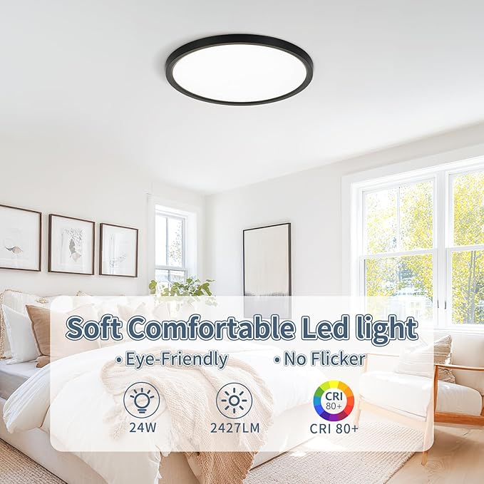 6 Pack 11.4 Inch LED Flush Mount Ceiling Lights 2427LM 5CCT Ultra Thin Black Fixtures