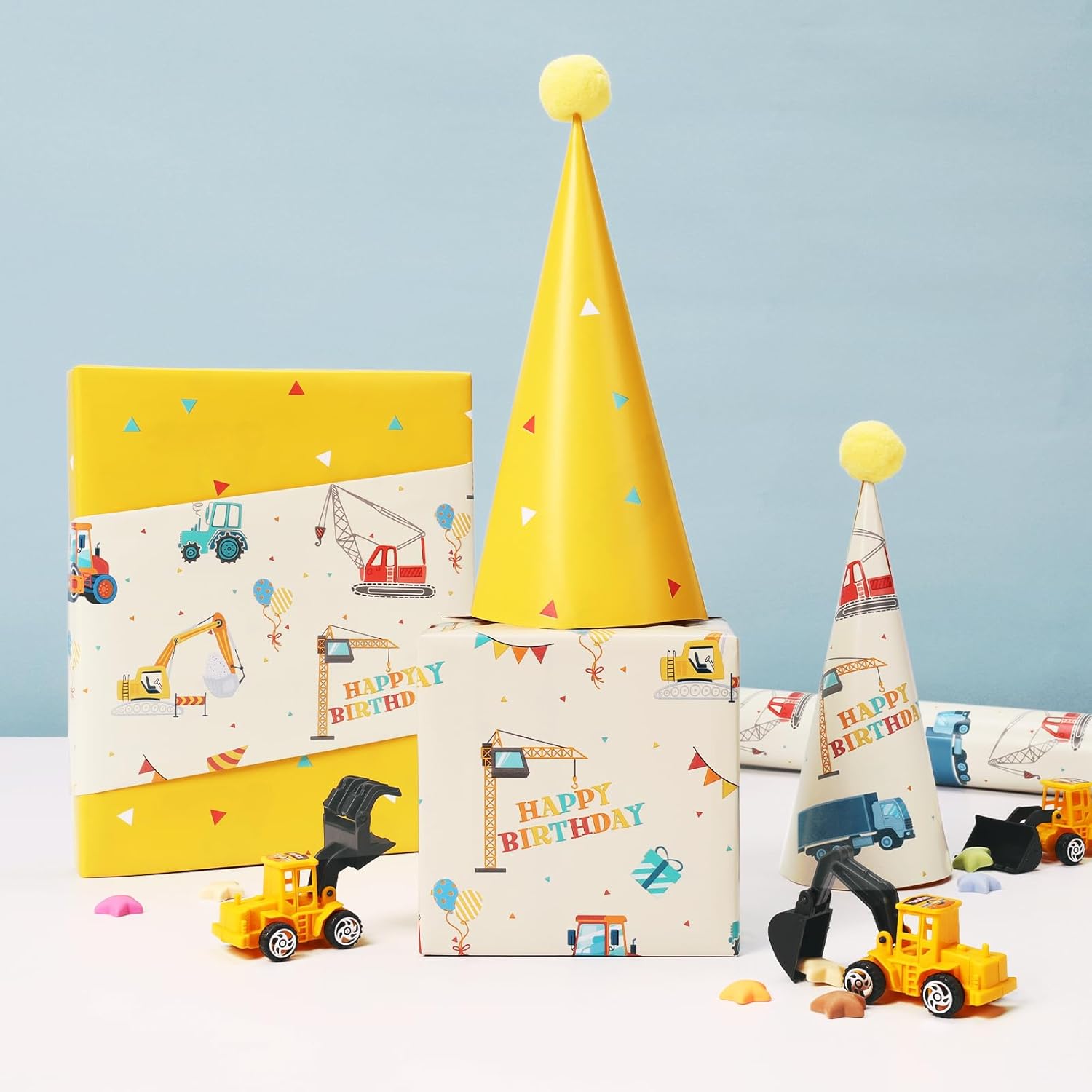 Construction Wrapping Paper - 17 Inches X 33 Feet (47 Sq. Ft. Ttl.) Reversible Gift Wrap Happy Birthday, Trucks, Balloons Design For Birthday, Baby Shower, Party, Holiday, Boys Girls Kids
