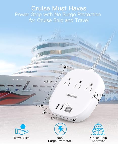 Travel Power Strip 22.5W Flat Plug Extension Cord 6FT 3 Outlets 4 USB Ports 2 USB C Charging Station