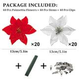 40Pcs Poinsettia Artificial Christmas Flowers With 40Pcs Clips And 40Pcs Stems Red Silver Xmas Flowers Glitter Christmas Tree Ornaments Xmas Wedding Party Decoration New Year Ornaments
