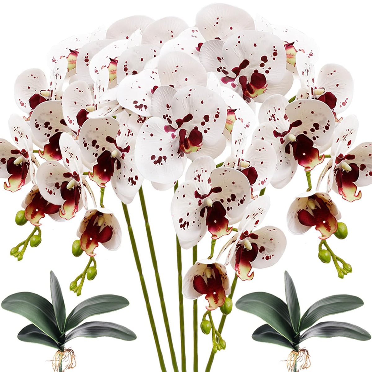 5 Pcs Artificial Orchid Flowers And 2 Bundles Leaves?White With Spots Artificial Phalaenopsis Flowers 28 Inch Stem Plants For Home Wedding Decoration