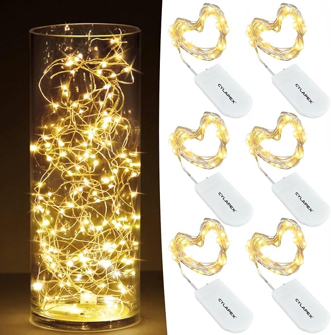 6 Pack Battery Operated Fairy Lights 7FT 20 LED Warm White Mini String Lights Silver Wire Firefly Lights for Mason Jars Wedding Party Decor