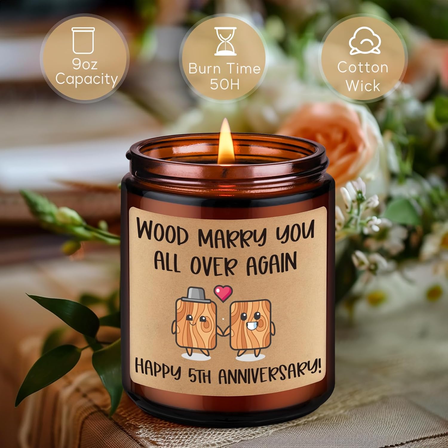5Th Wedding Anniversary Candle, 5Th Anniversary Wood Themed Gifts For Wife Husband, 5 Year Wedding Anniv. Funny Gifts For Him Her, Happy Fifth Marriage Presents For Couples Women Men Boyfriend