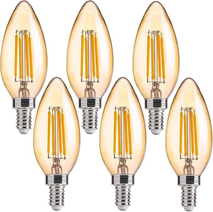 40W Equivalent LED Chandelier Light Bulbs Dimmable Amber E12 Candelabra 6 Pack