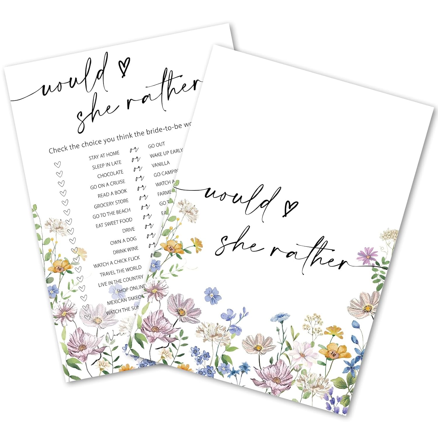 50 Sheets Wildflower Bridal Shower Game Cards Floral Double Sided Party Game Activity Cards For Would She Rather Wedding Bachelorette Party Games Supplies