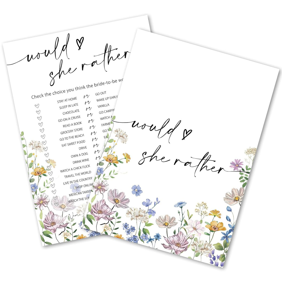50 Sheets Wildflower Bridal Shower Game Cards Floral Double Sided Party Game Activity Cards For Would She Rather Wedding Bachelorette Party Games Supplies