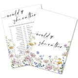 50 Sheets Wildflower Bridal Shower Game Cards Floral Double Sided Party Game Activity Cards For Would She Rather Wedding Bachelorette Party Games Supplies
