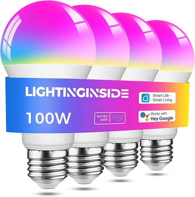A19 Smart Light Bulbs 4 Pack 1350LM RGBCW Color Changing WiFi Bluetooth Alexa Google Home 100W Equivalent
