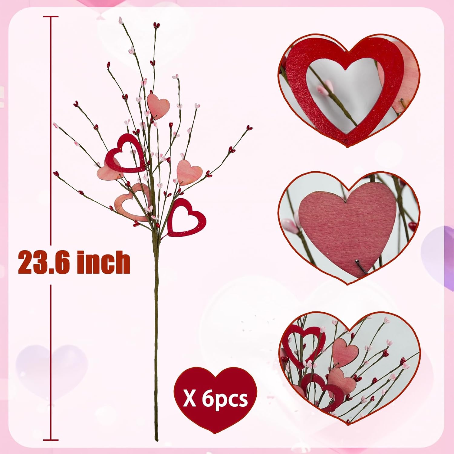 6 Pcs Valentines Day Decor, 23.6In Valentines Day Artificial Flowers Picks Red Pink Artificial Berry Stem With Wooden Heart For Vase Anniversary Home Table Centerpieces Valentine'S Day Decor