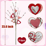 6 Pcs Valentines Day Decor, 23.6In Valentines Day Artificial Flowers Picks Red Pink Artificial Berry Stem With Wooden Heart For Vase Anniversary Home Table Centerpieces Valentine'S Day Decor