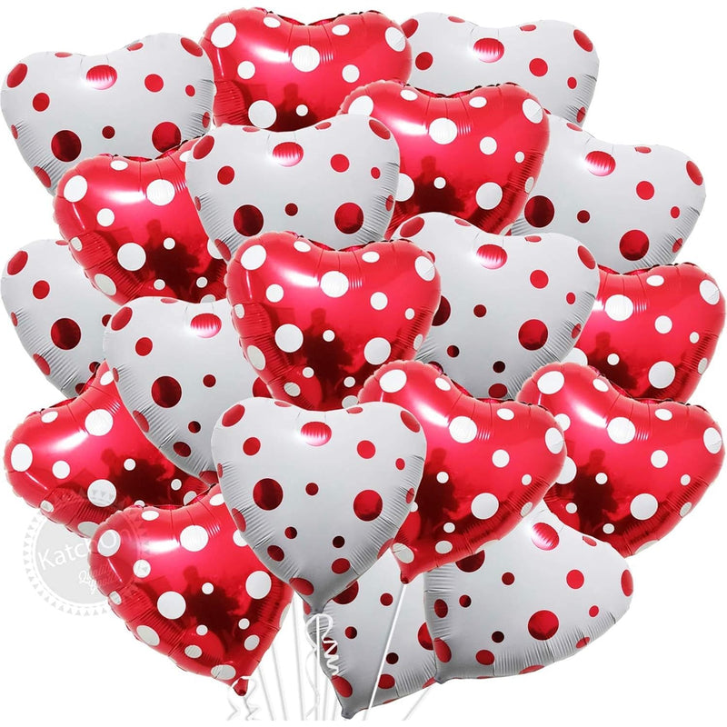 , White And Red Mylar Valentine Balloons - Pack Of 20, Polka Dot Red H