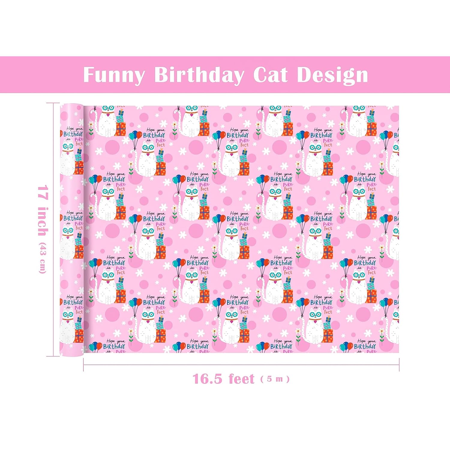 Cat Wrapping Paper Roll - Mini Roll - 17 Inch X 16.5 Feet - Pink Kitty Cat Happy Birthday Wrapping Paper For Kids Girls Birthday, Baby Shower