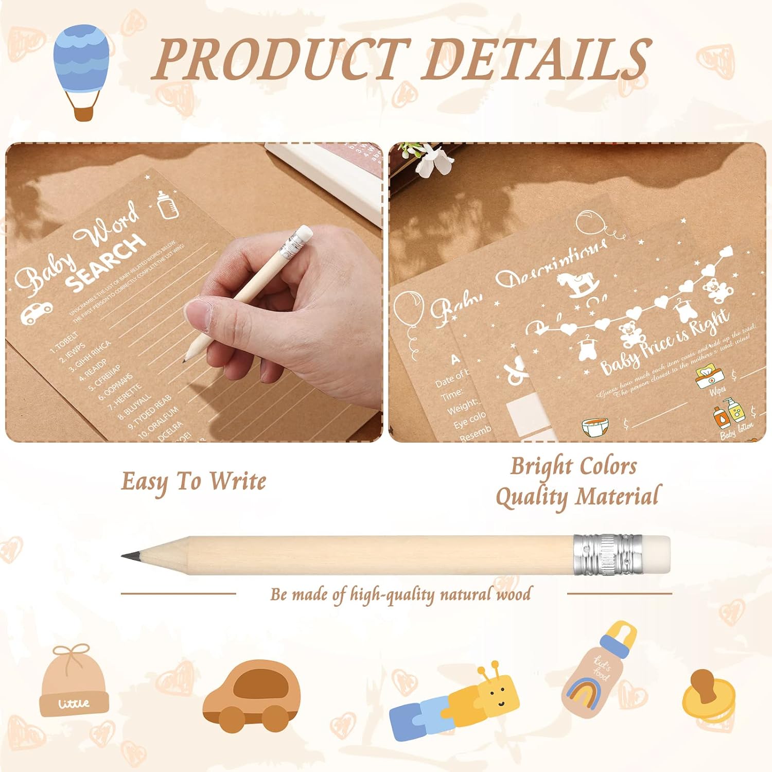 220Pcs/5Set Baby Shower Games Kraft Gender Reveal Cards For Gender Neutral Rustic Baby Shower Table Decorations Activity And Keepsake For New Parents With 20 Pencils(Rustic)