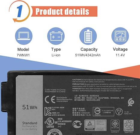 7WNW1 51Wh 6 Cell Laptop Battery Replacement for Dell Latitude Rugged 5424 7424