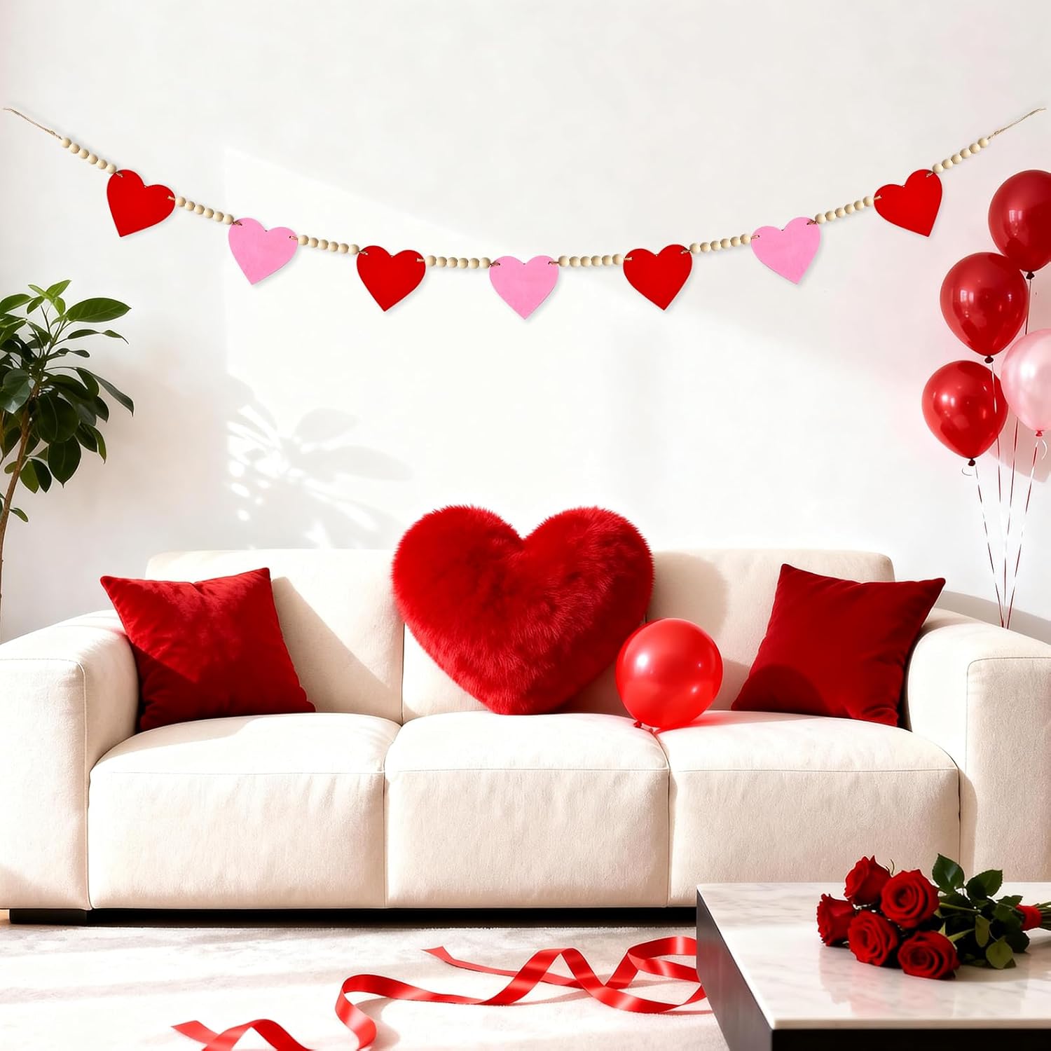 Valentines Day Decorations Valentines Decor No Diy Wooden Red Pink Hearts With Bead Garland Banner For Home Fireplace Mantle Windows Wall Decor Wedding Anniversary Party