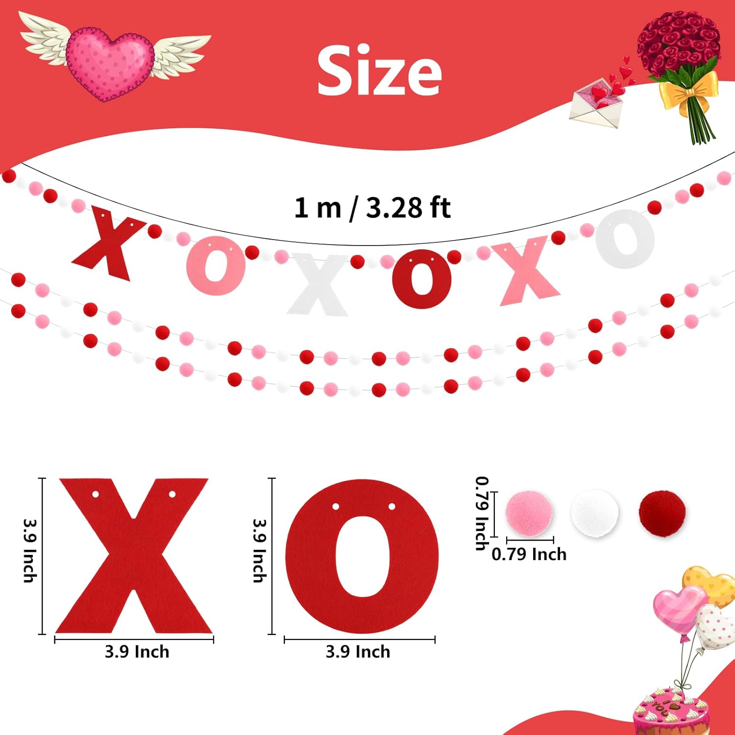 3Pcs Valentines Day Decorations Felt Pompom Banner Xoxo Love Felt Ball Pre-Assembled Hanging Banner Happy Valentine'S Day Garland For Wedding, Anniversary, Mantle, Wall, Party Supplies