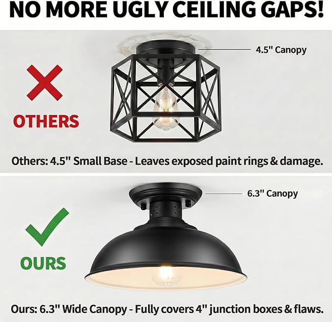 13 Inch Farmhouse Black Cage Ceiling Light Semi Flush Mount Fixture