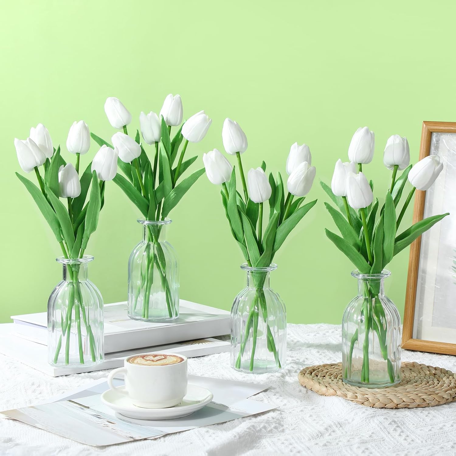 4 Sets Artificial Tulips With Clear Vase 20Pcs 14 Inches White Faux Tulips 4 Glass Vase Real Touch Tulip Fake Flowers For Spring Home Kitchen Wedding Centerpiece Decoration