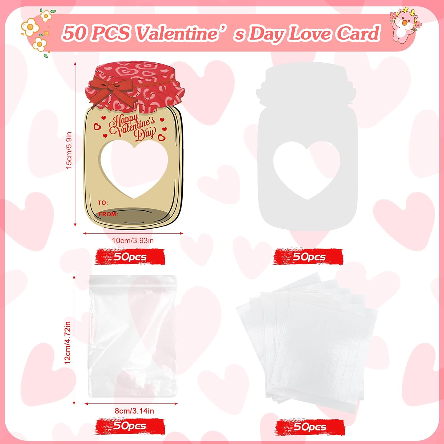 50 Pack Valentines Cards For Kids - 50 Pack Mason Jar - Fun Exchange Cards For Boys And Girls, Classroom Party Favors, Toddler School Gifts (Candy Not Included)
