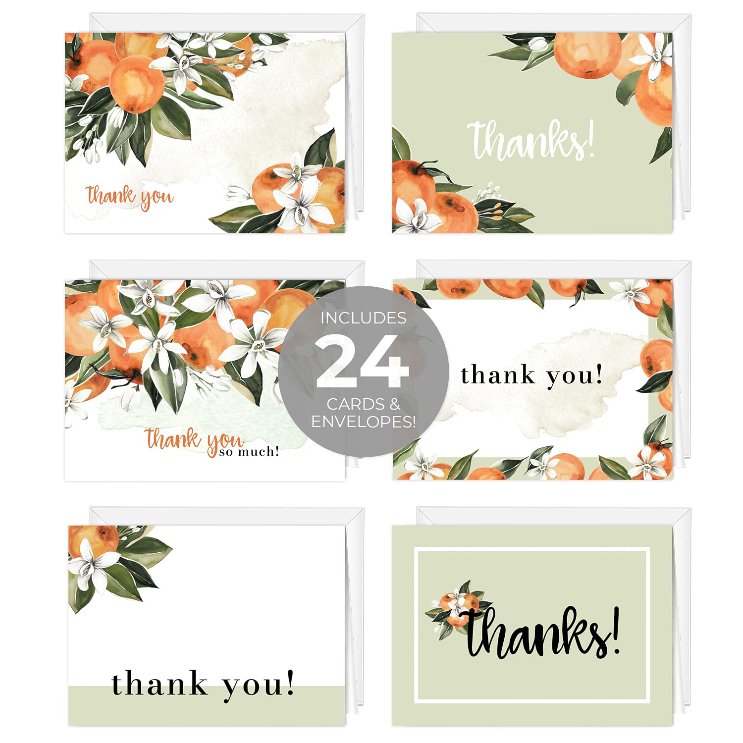 Little Cutie Thank You Greeting Cards / 24 Clementine Baby Shower Gratitude Note Cards With White Envelopes / 6 Adorable Little Cuties Fruit Thanks Designs / 3 1/2" X 4 7/8" Citrus Appreciation Cards