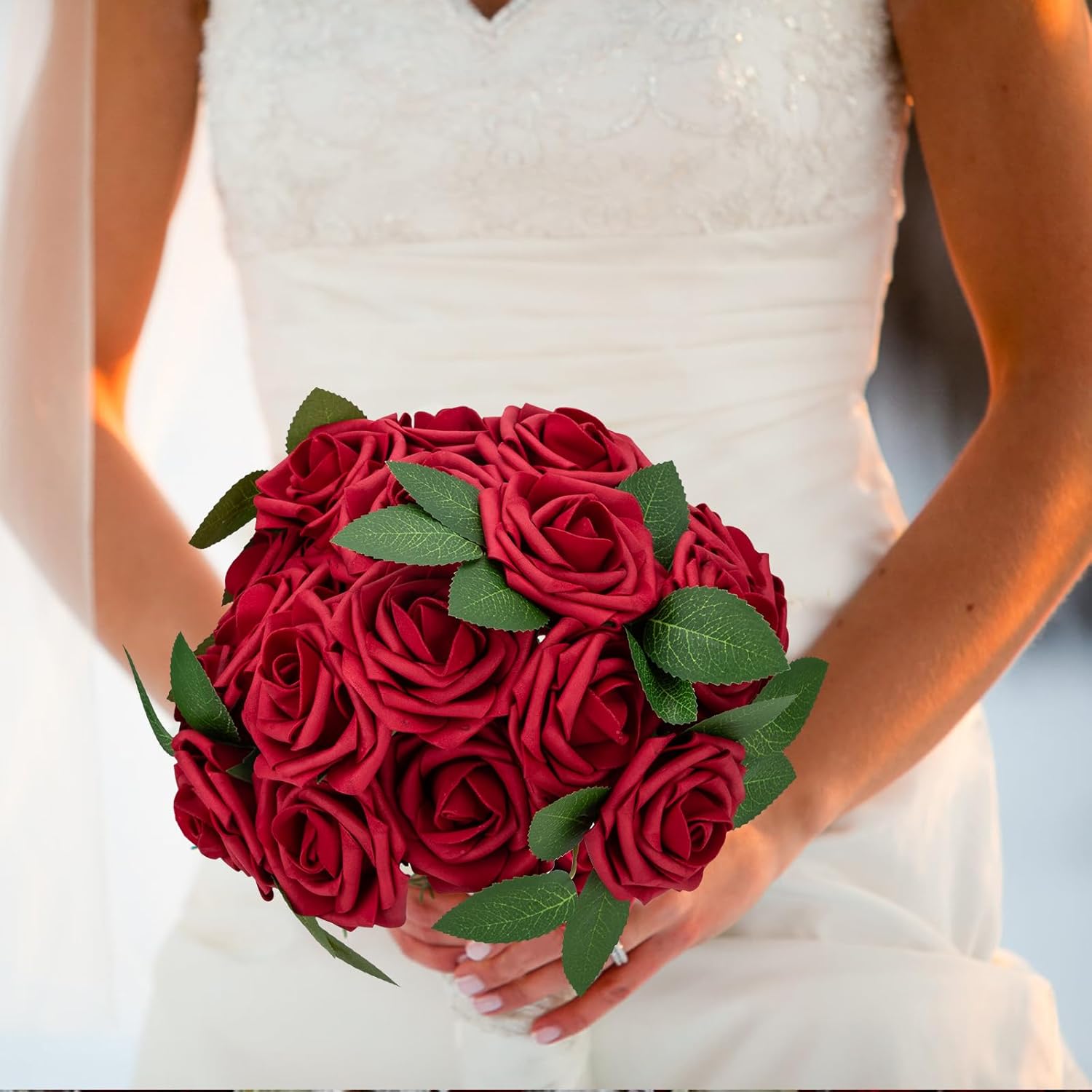 100Pcs Artificial Flowers Dark Red Rose Real Looking Fake Foam Roses With Stem For Valentine'S Day Diy Wedding Bouquets Bridal Shower Centerpieces Arrangements Party Home Decorations
