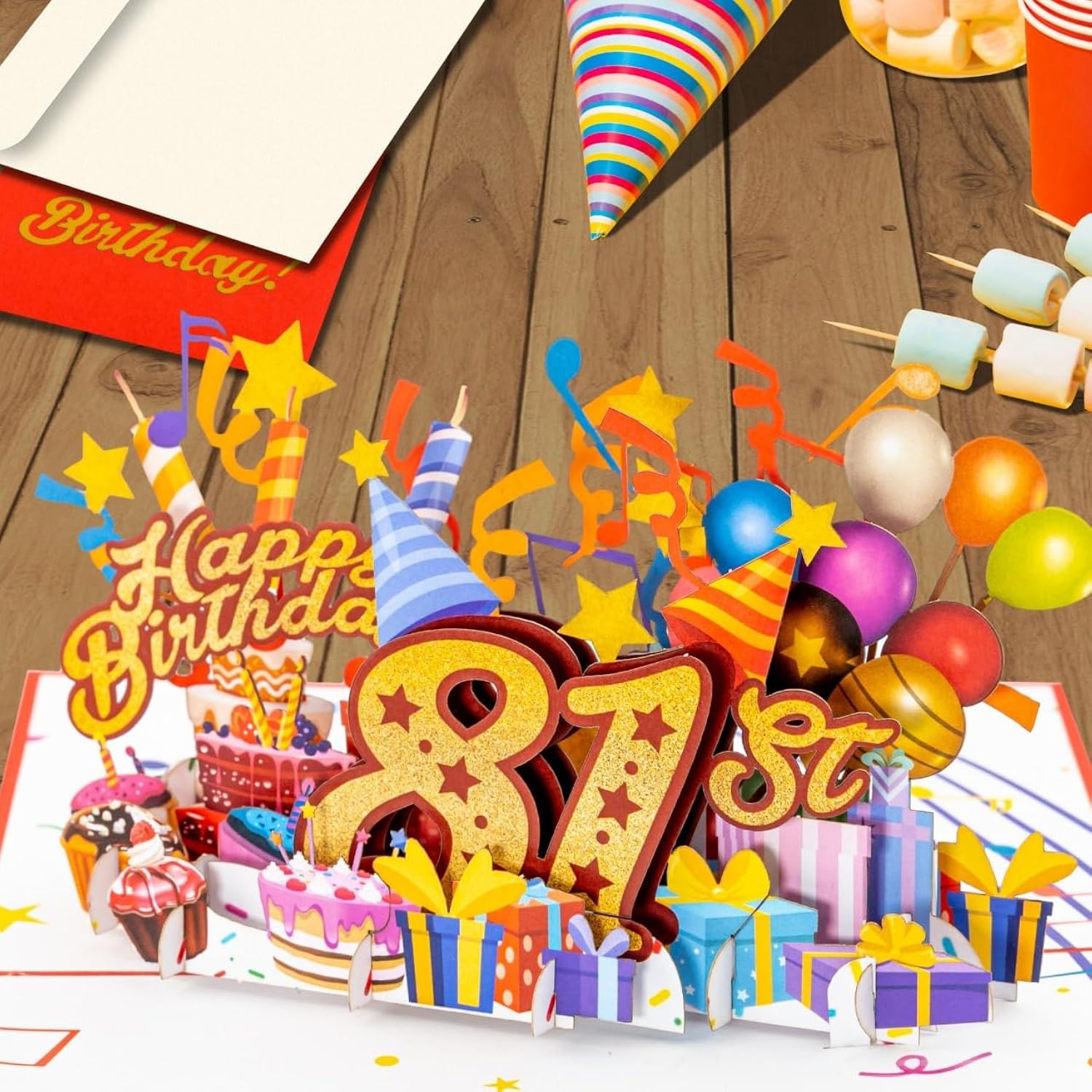 3D Pop Up Happy 81St Birthday Card – Red Design With Glitter Numbers, Balloons, Cakes & Gifts – Fun Milestone Card For Mom, Dad, Husband, Wife, Man Or Woman – 5" X 7"