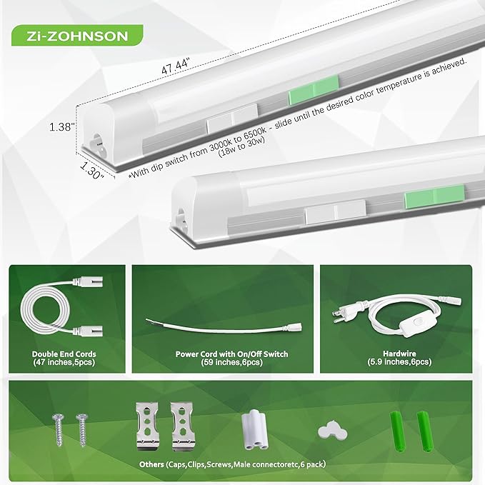 6 Pack Dimmable 4FT LED Shop Lights 30W 4500LM Tunable Linkable Plug In Lights for Garage Workshop