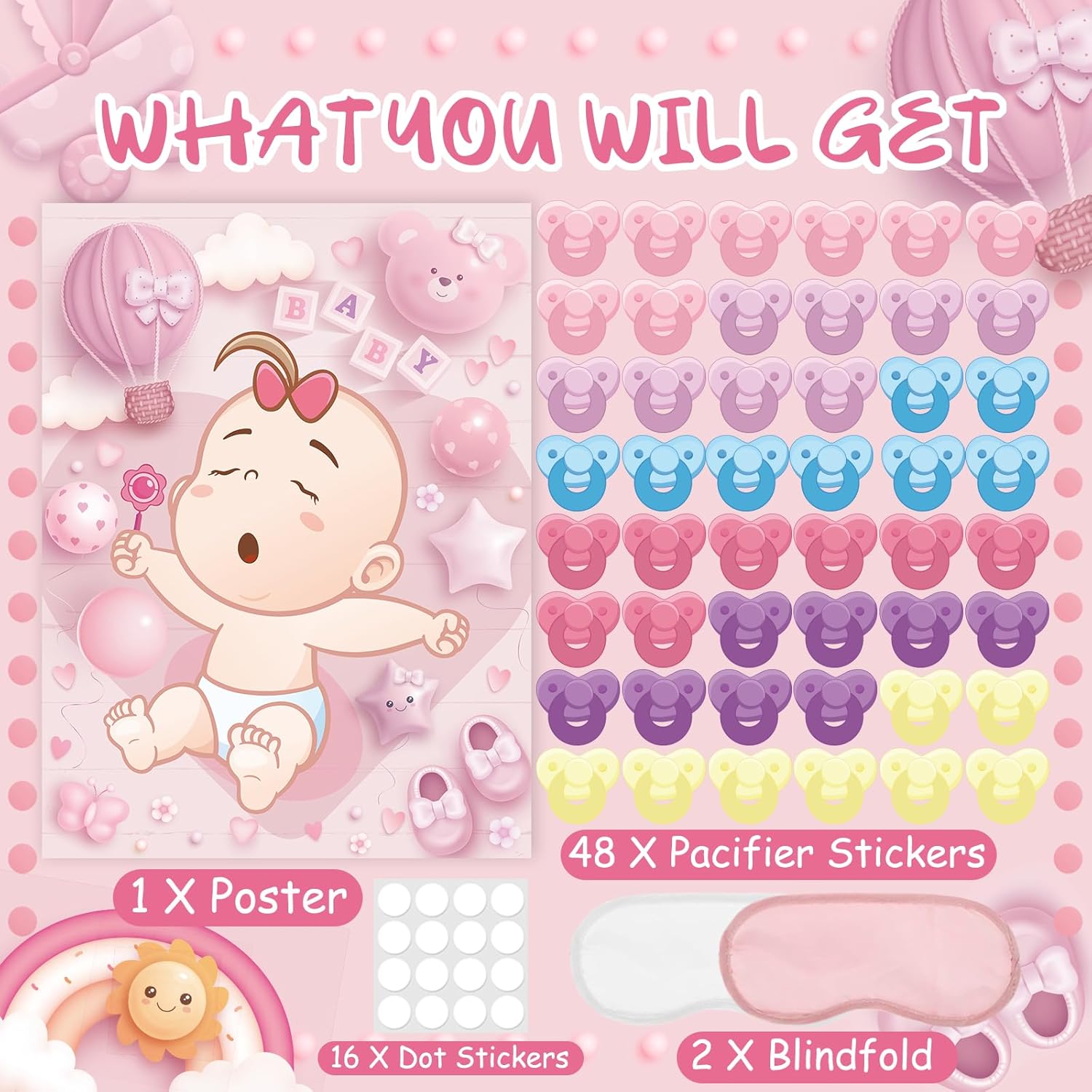 Pin The Pacifier On The Baby Shower Games Ballon Baby Shower Decoration With Large Poster 48 Stickers Blindfold Pin Game For Birthday Party Decorations Activities Supplies(Pink)