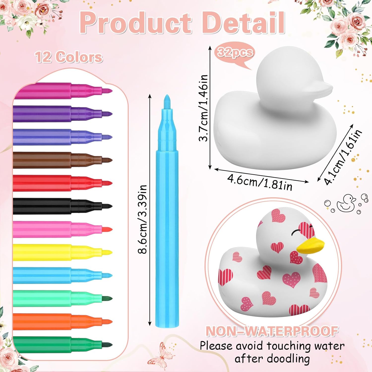 45 Pcs Baby Shower Decorate Ducks Game Set Includes Baby Shower Game Sign 32 Diy White Blank Rubber Ducks 12 Paint Marker For Gender Revel(Flower)
