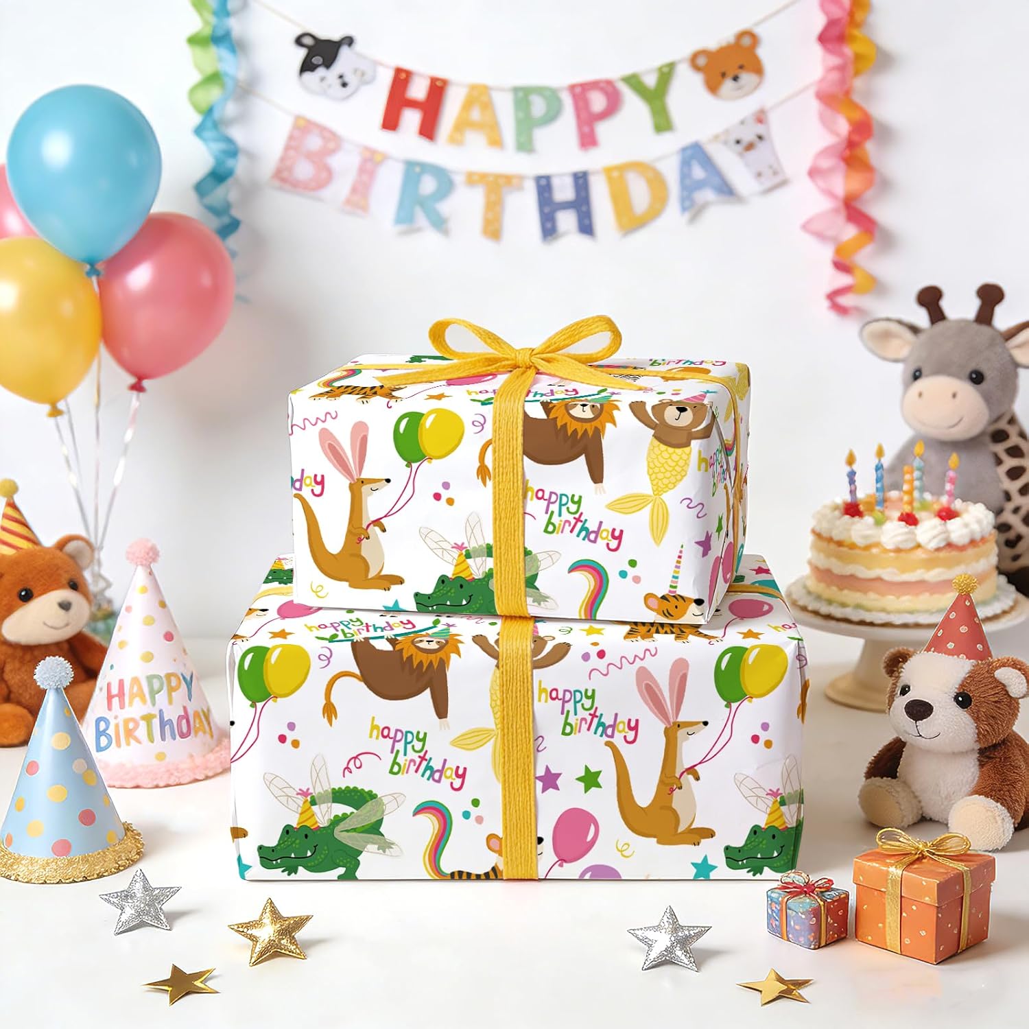 Kids Birthday Wrapping Paper Roll - Mini Roll - 17 Inch X 16.5 Feet - Cute Birthday Party Animal Wrapping Paper For Kids Boys Girls, Baby Shower, School Celebration