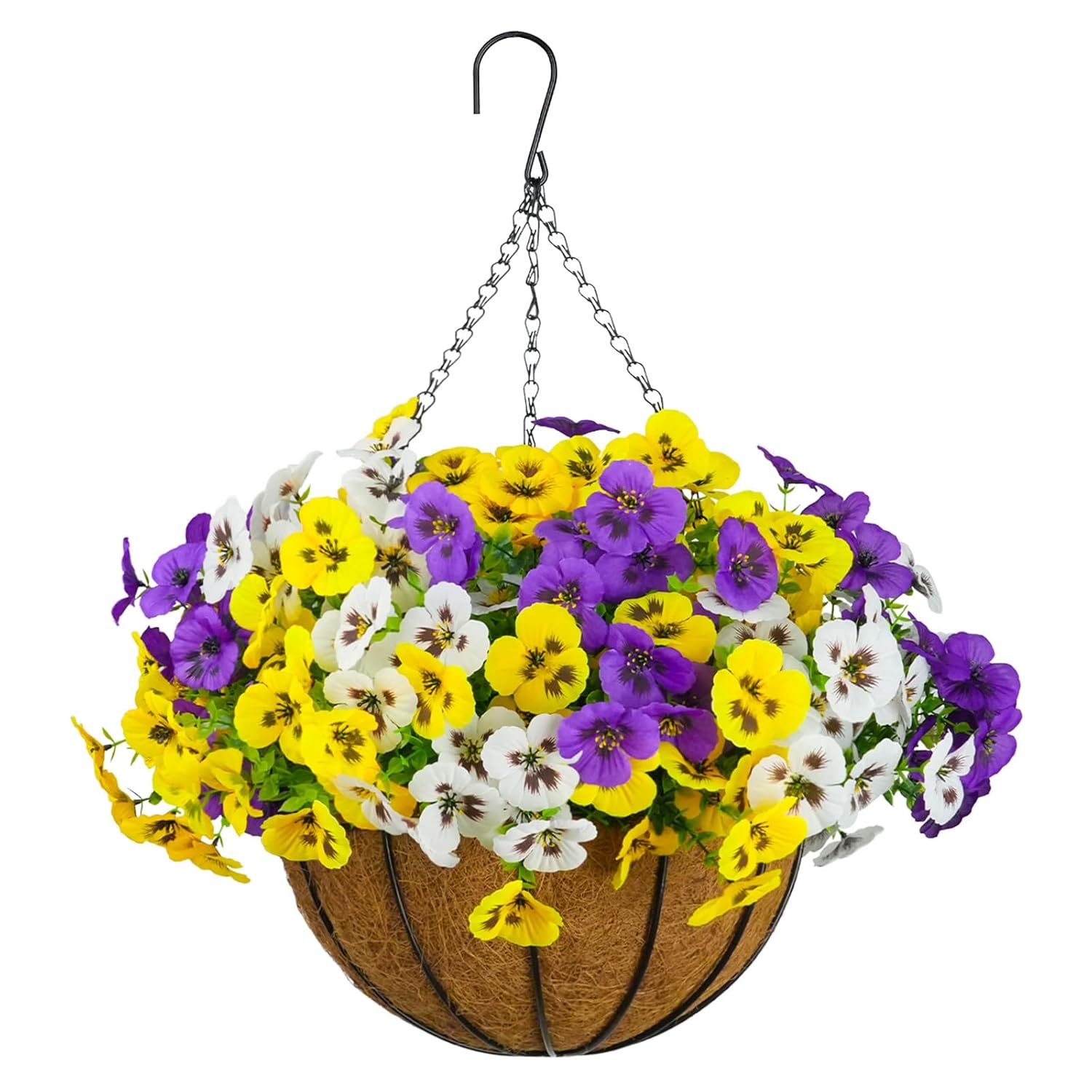 Artificial Outdoor Flowers With Hanging Basket, Hanging Planters With 12Pcs Fake Pansy Flowers For Spring Summer Front Porch Garden Patio Home Decor