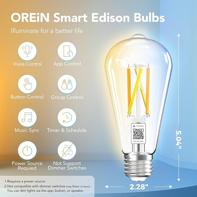 ST19 ST58 Smart Edison Bulbs 6 Pack Matter Compatible RGB Filament LED E26 Alexa Google Home Smart Bulb