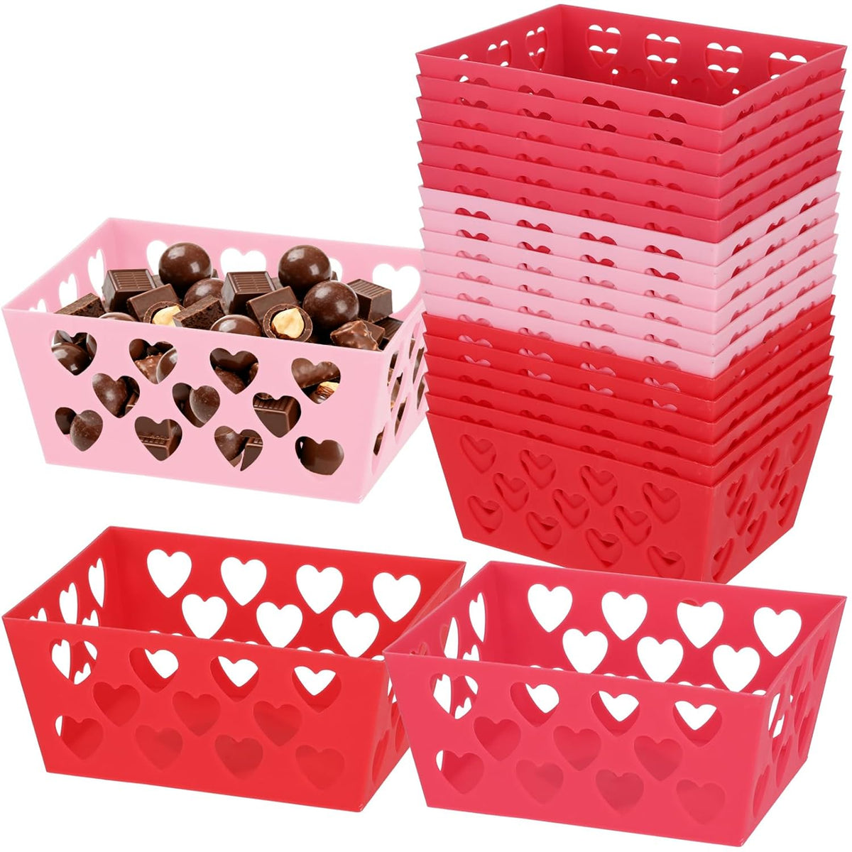 18 Pcs Pink Red Valentine'S Day Baskets, 5.51 X 4.33 X 2.44 Small Heart Hollowed Plastic Food Fruit Bread Valentine Baskets Bulk Empty Love Gift Container Storage Bins For Valentine'S Day Party Favor