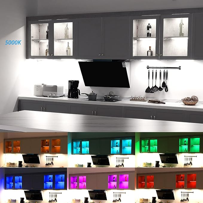 Under Cabinet LED Lights Kit RGB Color Changing 5000K White Dimmable 6 Linkable Light Strips with Remote
