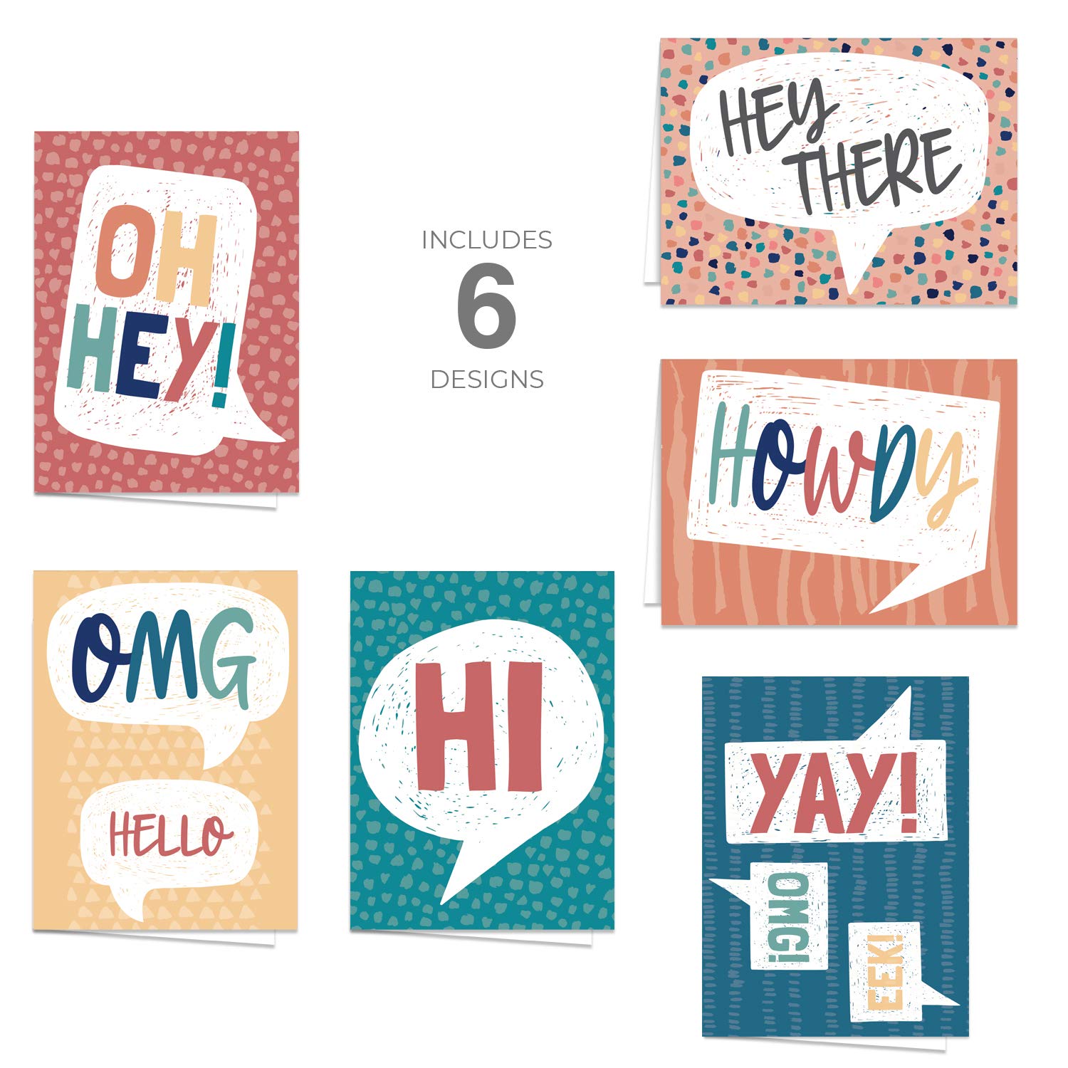 Cheerful Friendship Note Cards / 24 Everyday Encouragement Greeting Cards / 6 All Occasion Hello Designs / 3 1/2" X 4 7/8" Word Bubble Congratulations Card Set