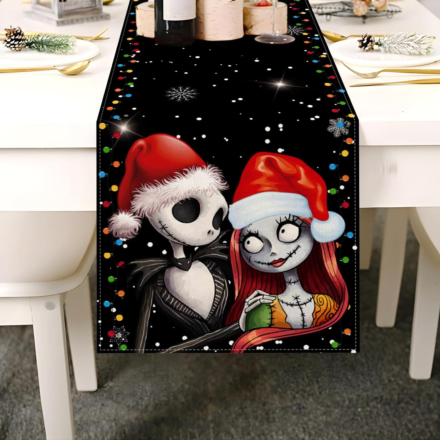 Merry Christmas Table Runner Jack Skellington And Sally Birthday Party Decoration Home Kitchen Dining Room Deocr (Black, 13" X 72")