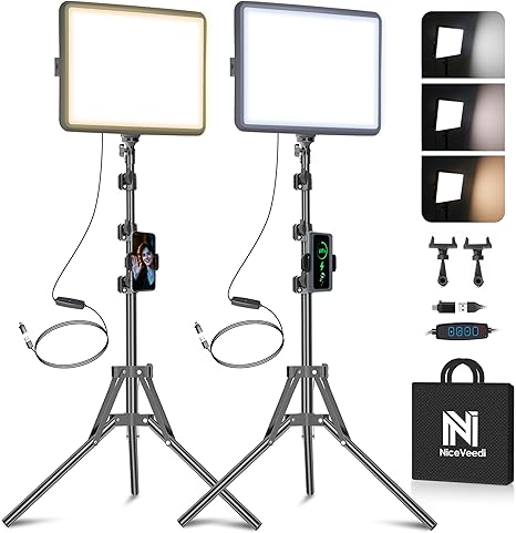 2-Pack LED Video Light Kit Dimmable 2800-6500K with Tripod & Phone Holder for Studio