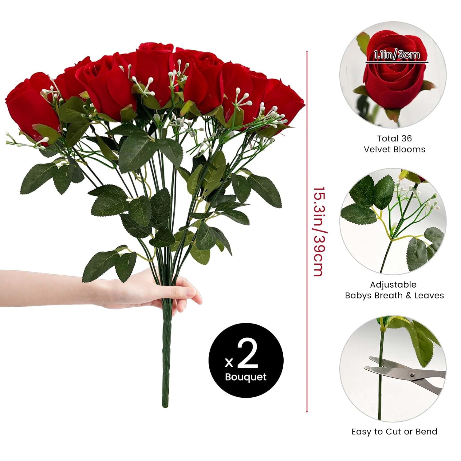 36 Blooms Velvet Artificial Roses, 2 Bouquets Red Roses Faux Silk Flowers For Wedding Decor, Bridal Bouquet Home Decoration Table Centerpieces Romantic Gifts