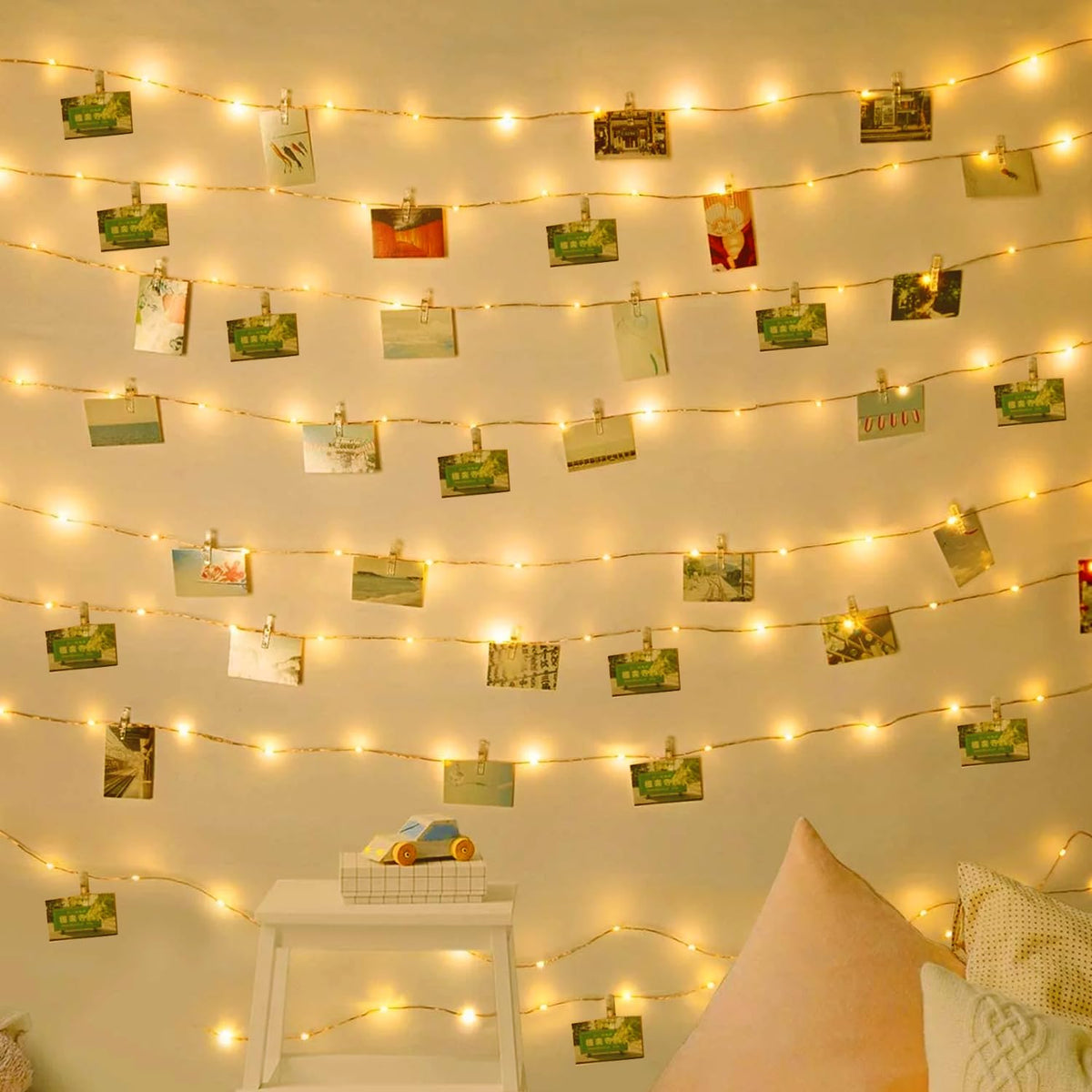 Photo Clip String Lights 33Ft 100 Led Fairy Lights 60 Picture Clips Battery Powered String Light With Clear Clips For Do