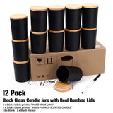 12 Pack, 10 Oz Black Candle Jars With Bamboo Lids And Sticky Labels, Empty Glass Candle Jars For Making Candles, Morden Kitchen Bathroom Small Object Container - Dishwash Safe