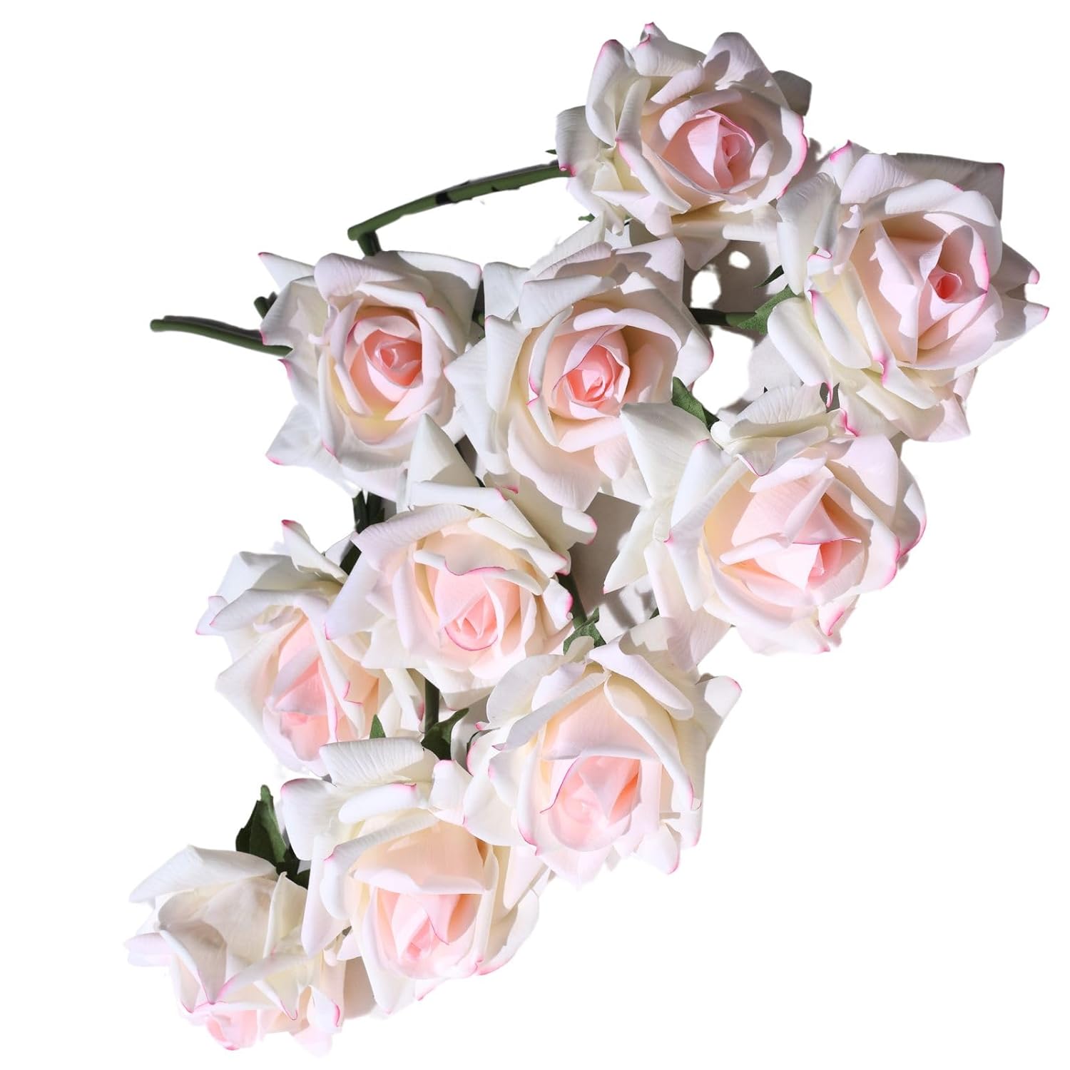 10Pcs Pink Roses -Realistic Wedding Flowers- Perfect Home Decor Bouquet For Party Home Office Christmas Decor -Light Pink Roses ?Pink Trimmed Roses?