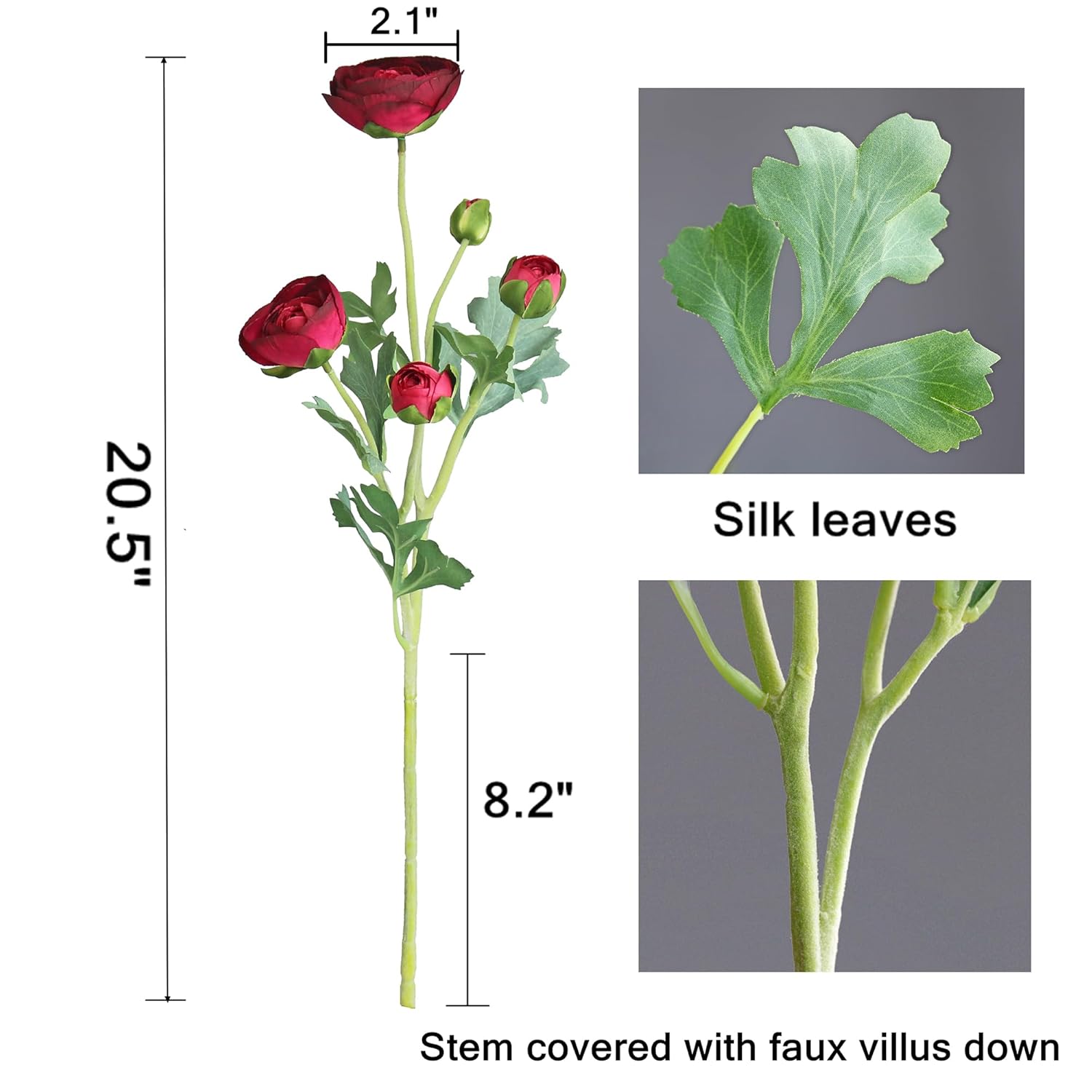Artificial Ranunculus Flowers With Real Touch Stem Spray For Home Garden Decoration (Red)