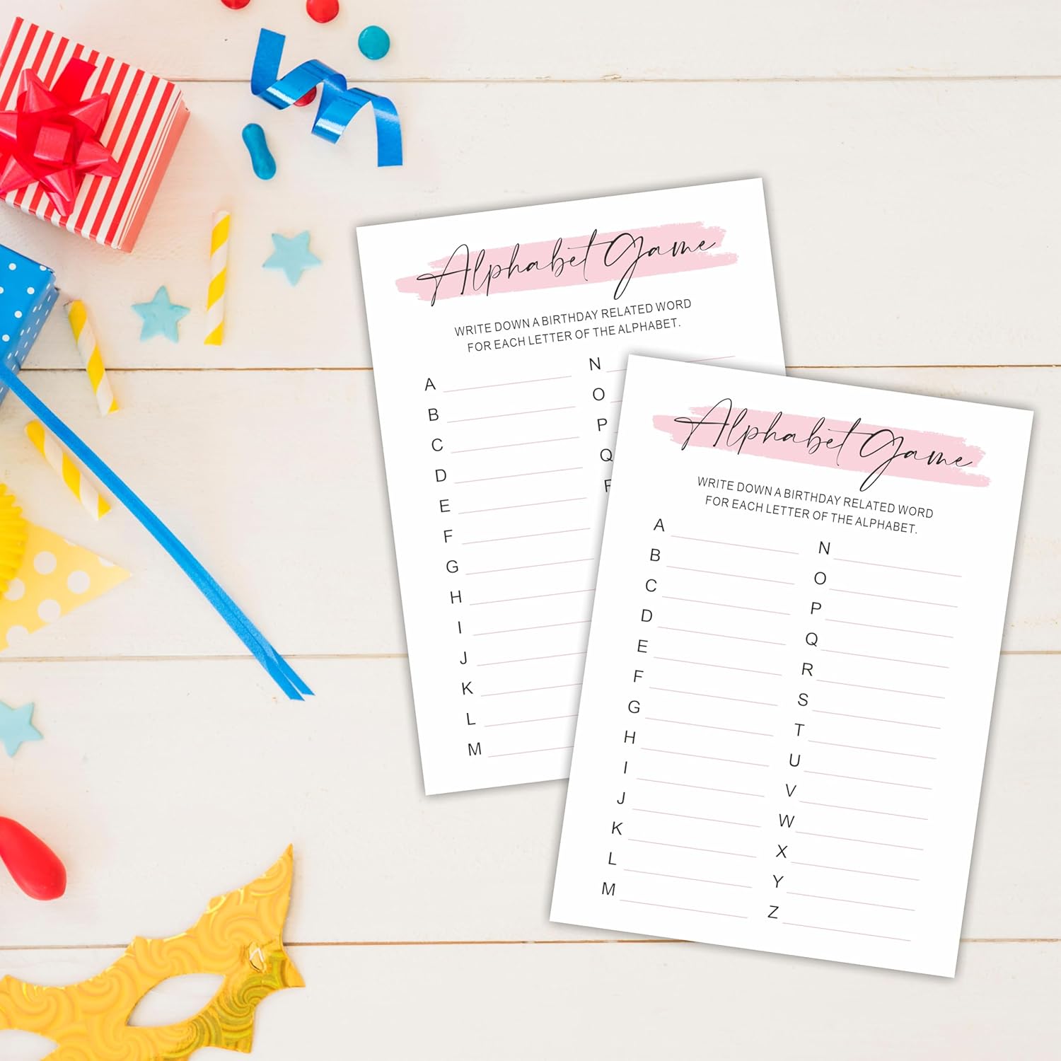 Minimalism Birthday Party Game Cards - Alphabet Game - 20 Blush Double-Sided Fill In Style Birthday Party Game Cards For Adults, Party Supplies & Activities - A07