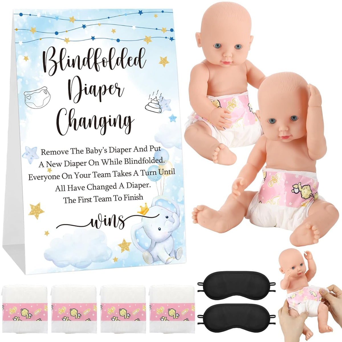 9 Pcs Baby Shower Game Supplies For Blindfold Diaper Changing With Dolls, Blindfolds, Diapers - Changing Race Game Set (Elephant, Blue)