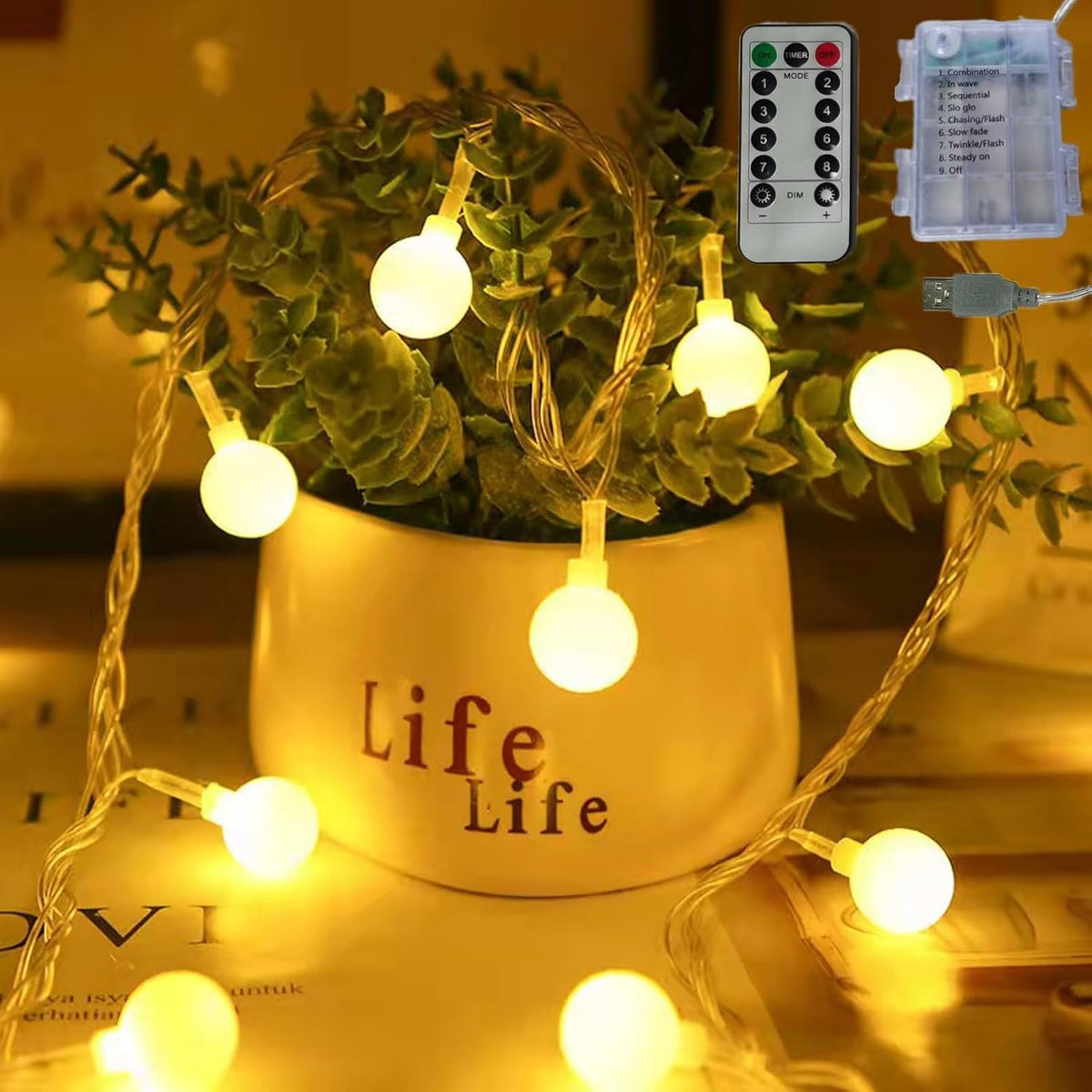 Battery Operated & Usb Powered 2 In 1 Globe String Lights With Remote, 19.7 Ft 40 Led Waterproof Timer 8 Modes Fairy Str