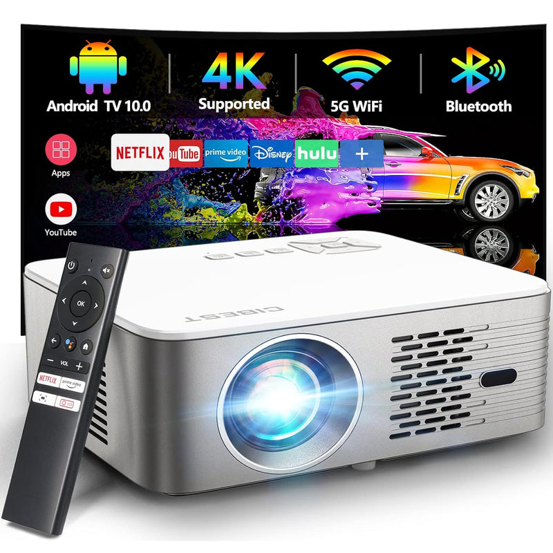 4K Projector, 5G WiFi, Bluetooth, Android TV 10, 1080P, Auto Focus, Stereo