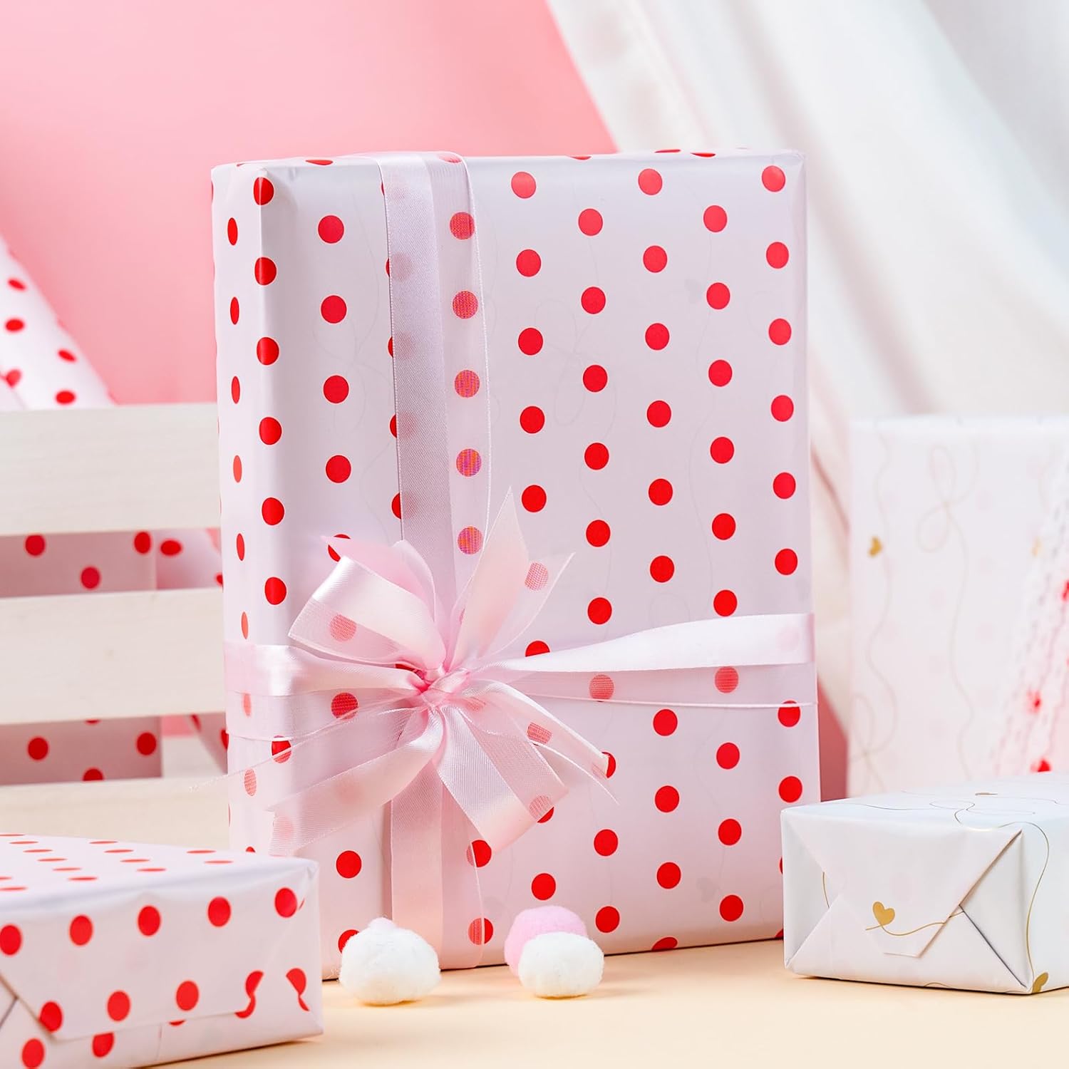 Red Polka Dot Wrapping Paper,Reversible Pink Gold Elegant Bow & Heart Gift Wrap Suitable For Birthday,Girls,Baby Shower,Wedding (17 Inch X 32.8 Feet)