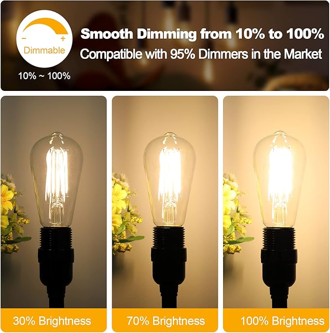 Vintage ST58 LED Edison Bulbs 60W Equivalent Dimmable 7W 3000K Warm White E26 12 Pack