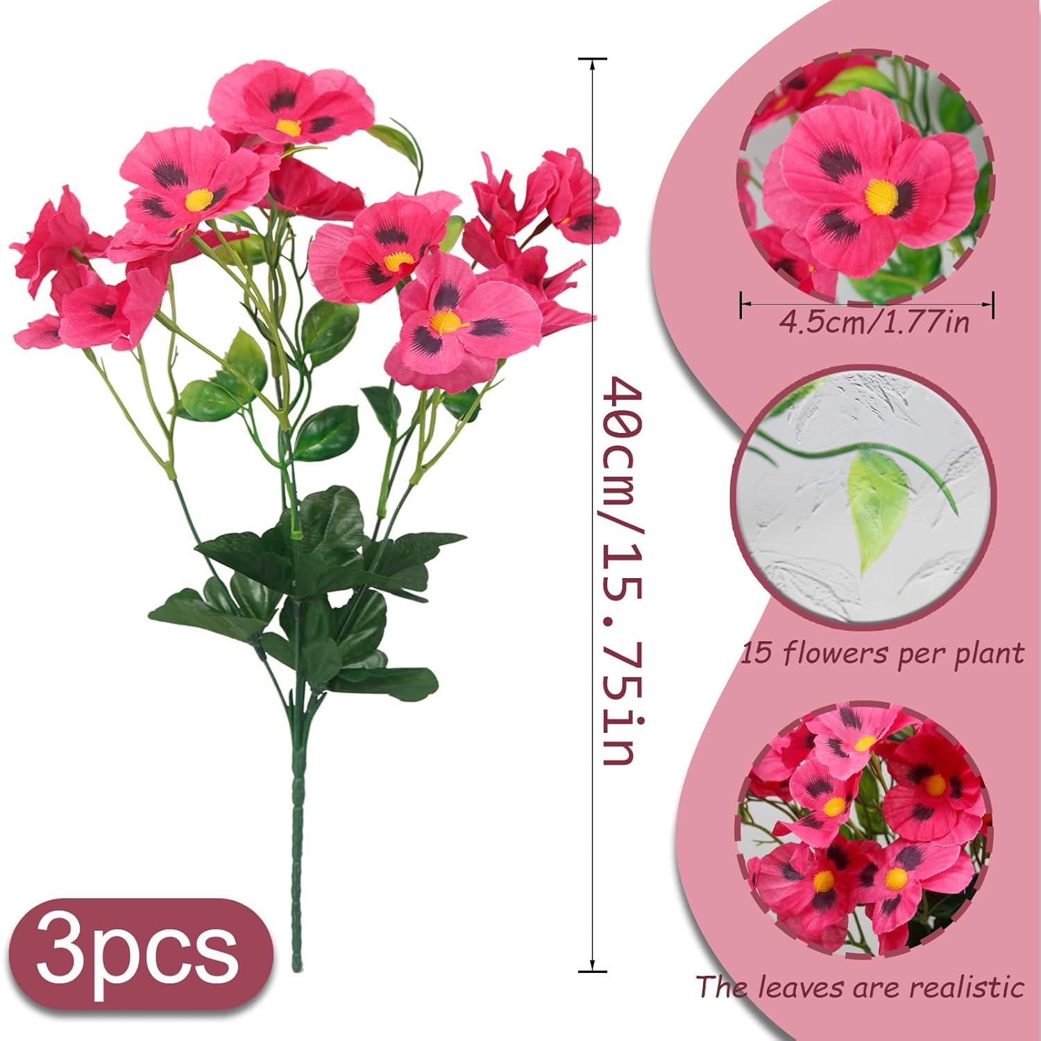 3 Pcs Artificial Flowers For Outdoors Pansies Flowers Artificial Wildflowers Uv Resistant Silk Pansies Flowers For Outside Planter Front Door Porch Yard Patio Window Box Home Decor Rose Red