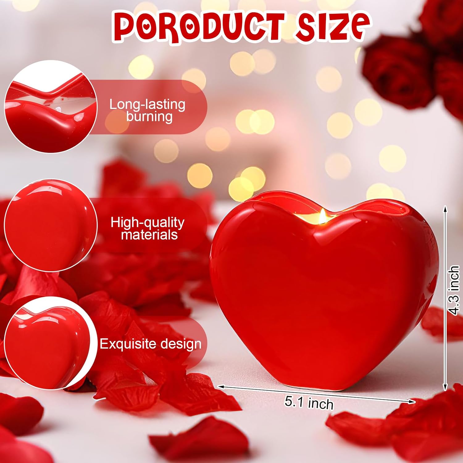 Valentine'S Day Heart Candle Roses Scented Ceramic Love Heart Shape Candle Romantic Soy Wax Decor Holder Aromatherapy Candles For Valentines Day Anniversary Birthday Decor Gift (Red)